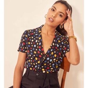 Reformation Cuba Top Women Size Large Fiesta Black Polka Dot Short Sleeve Shirt